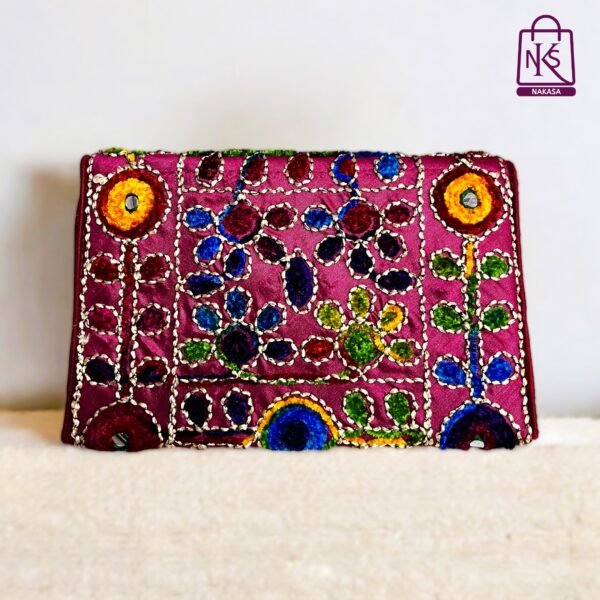 NAKASA Women's Jaipuri Handmade Damru Embroidery Small Pink Clutch Bag