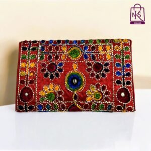 NAKASA Women's Jaipuri Handmade Damru Embroidery Small Red Clutch Bag