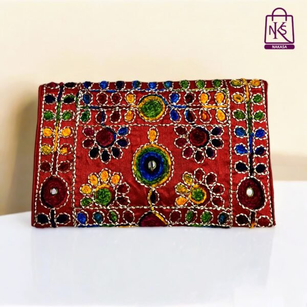 NAKASA Women's Jaipuri Handmade Damru Embroidery Small Red Clutch Bag