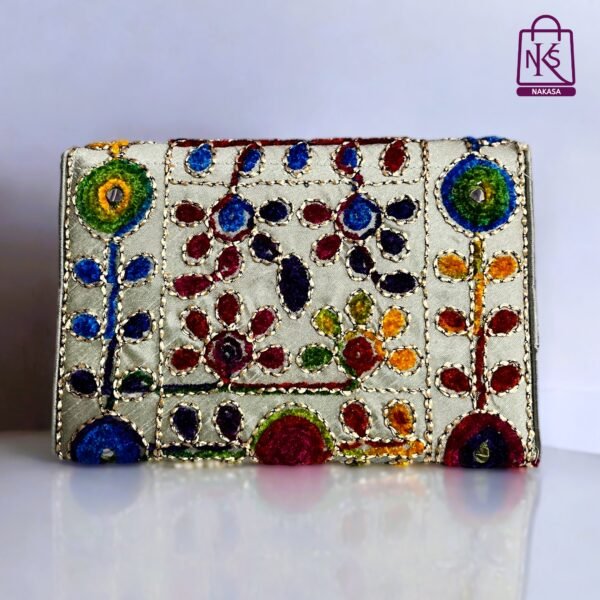 NAKASA Women's Jaipuri Handmade Damru Embroidery Small Silver Clutch Bag