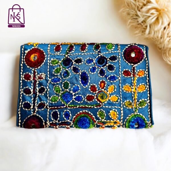 NAKASA Women's Jaipuri Handmade Damru Embroidery Small Sky Blue Clutch Bag