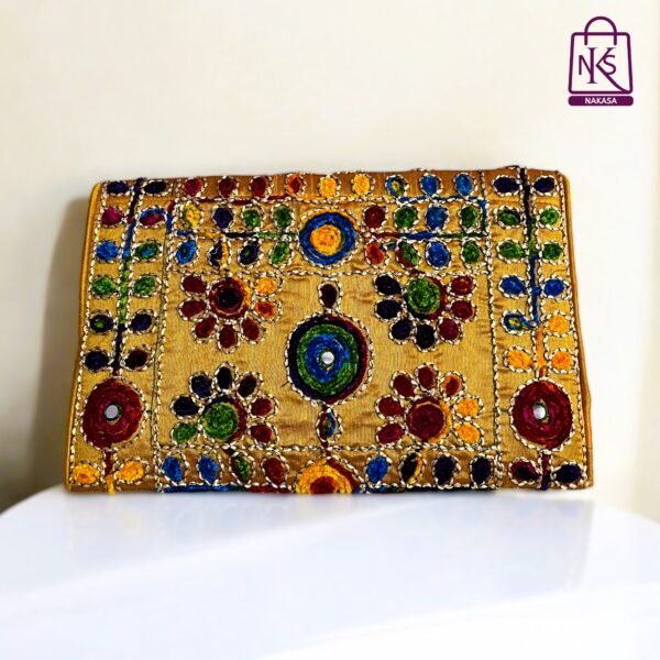 NAKASA Women's Jaipuri Handmade Damru Embroidery Small Yellow Clutch Bag