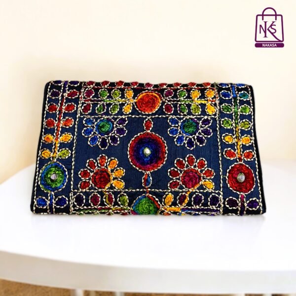 NAKASA Women's Rajasthani Handmade Damru Embroidery Regular Blue Clutch Bag