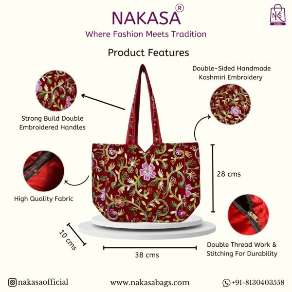 NAKASA Women's Kashmiri Handmade Flower Embroidery Regular Red Tote Bag