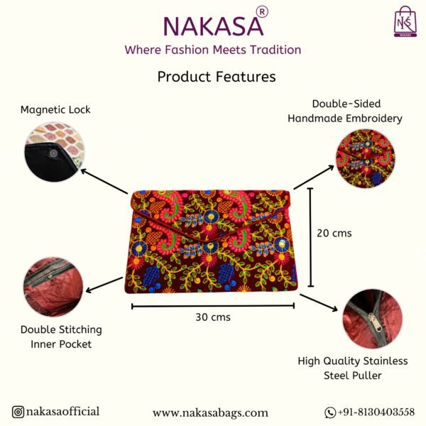 NAKASA Women's Rajasthani Handmade Embroidery Regular Maroon Velvet Clutch Bag