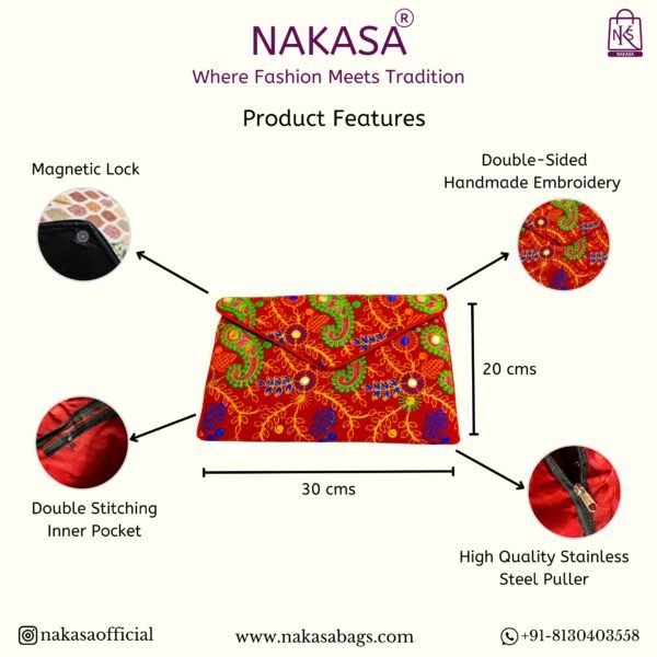 NAKASA Women's Rajasthani Handmade Embroidery Regular Red Velvet Clutch Bag