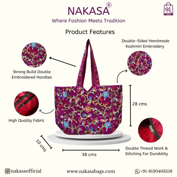 NAKASA Women's Kashmiri Handmade Flower Embroidery Regular Pink Tote Bag