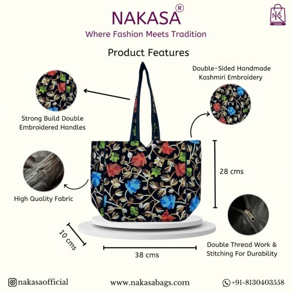 NAKASA Women's Kashmiri Handmade Flower Embroidery Regular Black Tote Bag