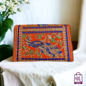 NAKASA Women's Gujarati Handmade Aari Zari Embroidery Small Orange Clutch Bag