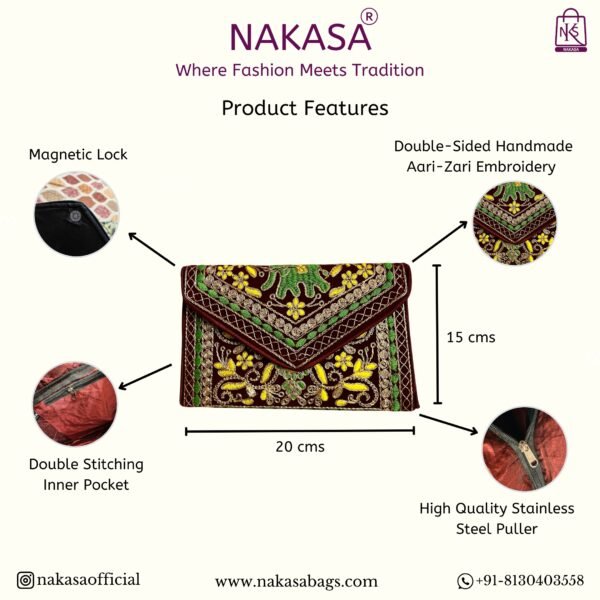 NAKASA Women's Gujarati Handmade Aari Zari Embroidery Small Brown Clutch Bag