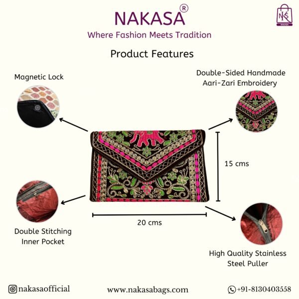 NAKASA Women's Gujarati Handmade Aari Zari Embroidery Small Maroon Clutch Bag