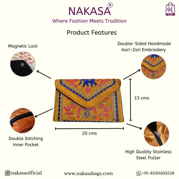 NAKASA Women's Gujarati Handmade Aari Zari Embroidery Small Yellow Clutch Bag