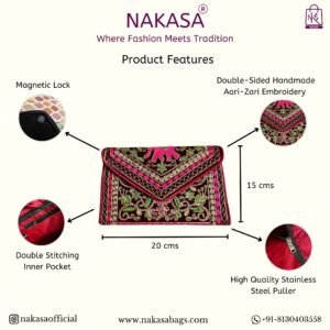 NAKASA Women's Gujarati Handmade Aari Zari Embroidery Small Pink Clutch Bag