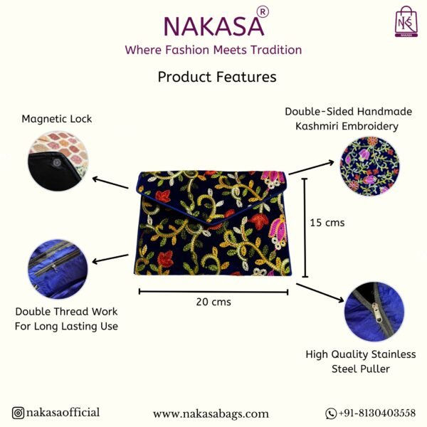 NAKASA Women's Kashmiri Handmade Flower Embroidery Small Blue Clutch Bag