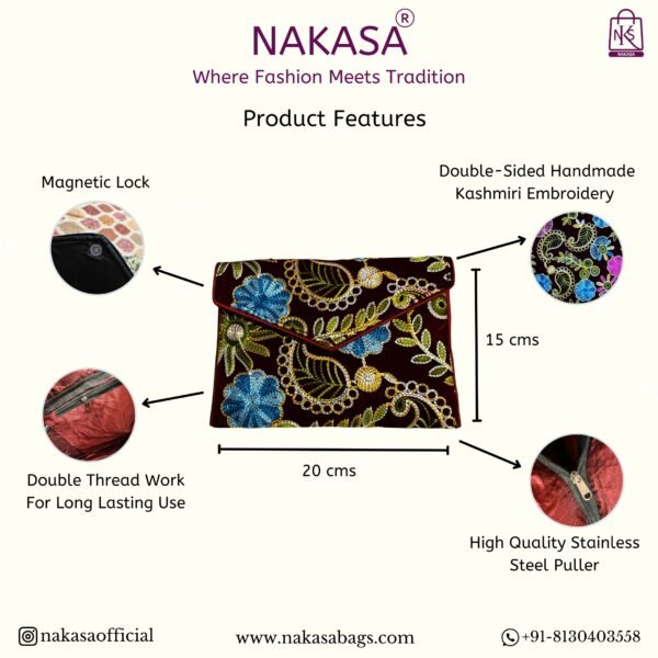 NAKASA Women's Kashmiri Handmade Flower Embroidery Small Maroon Clutch Bag