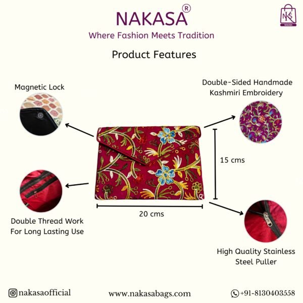 NAKASA Women's Kashmiri Handmade Flower Embroidery Small Pink Clutch Bag