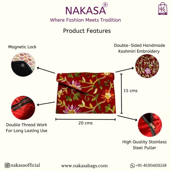 NAKASA Women's Kashmiri Handmade Flower Embroidery Small Red Clutch Bag