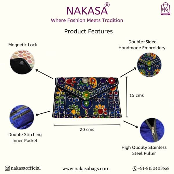 NAKASA Women's Jaipuri Handmade Damru Embroidery Small Blue Clutch Bag