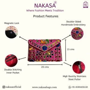 NAKASA Women's Jaipuri Handmade Damru Embroidery Small Pink Clutch Bag
