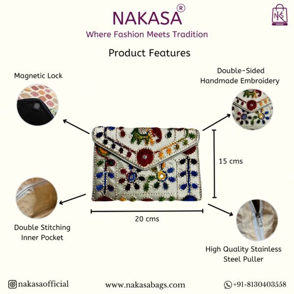 NAKASA Women's Jaipuri Handmade Damru Embroidery Small Silver Clutch Bag