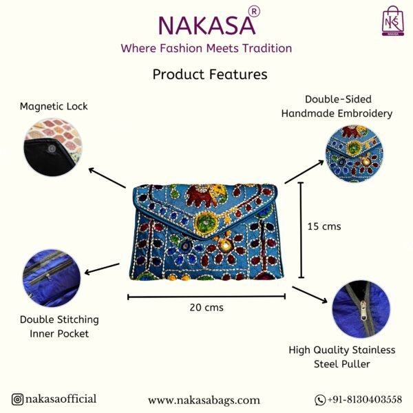 NAKASA Women's Jaipuri Handmade Damru Embroidery Small Sky Blue Clutch Bag