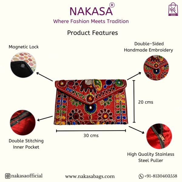 NAKASA Women's Rajasthani Handmade Damru Embroidery Regular Red Clutch Bag