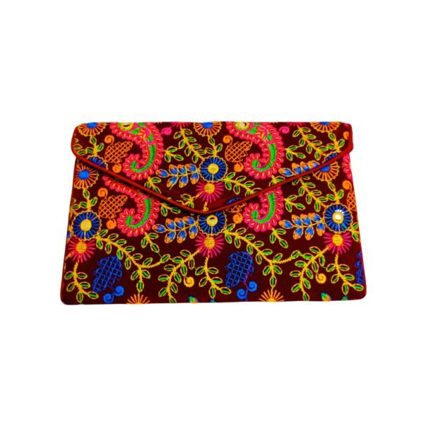 NAKASA Women's Rajasthani Handmade Embroidery Regular Maroon Velvet Clutch Bag