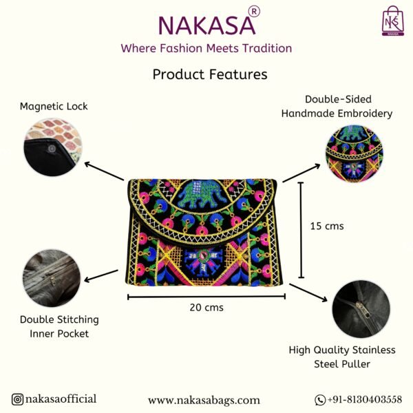 NAKASA Women's Ahmedabadi Handmade Elephant and Flower Embroidery Small Black Clutch Bag