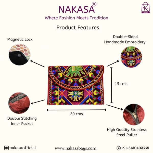 NAKASA Women's Ahmedabadi Handmade Elephant and Flower Embroidery Small Maroon Clutch Bag