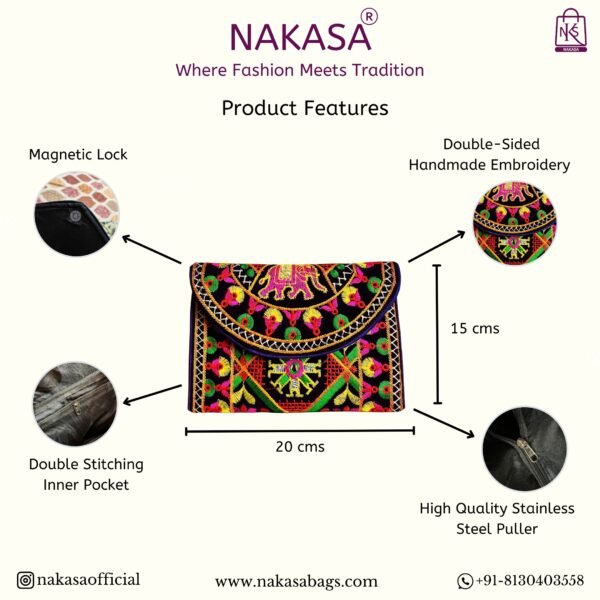 NAKASA Women's Ahmedabadi Handmade Elephant and Flower Embroidery Small Purple Clutch Bag