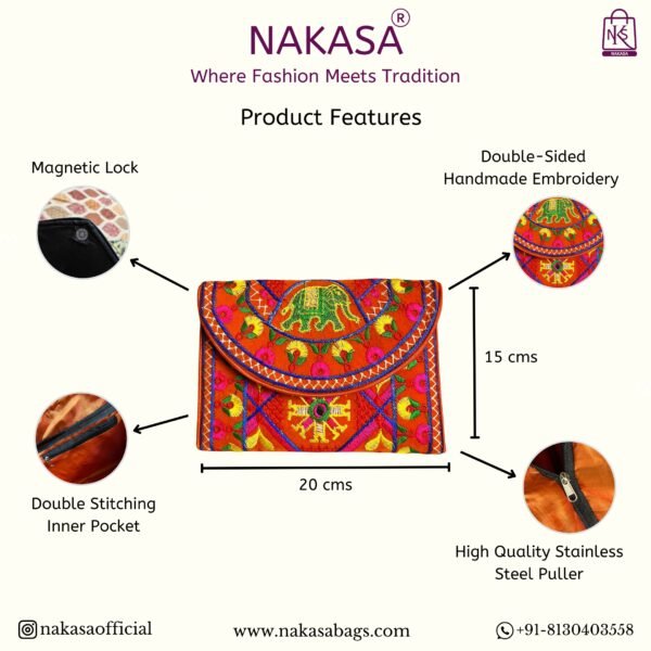 NAKASA Women's Ahmedabadi Handmade Elephant and Flower Embroidery Small Orange Clutch Bag