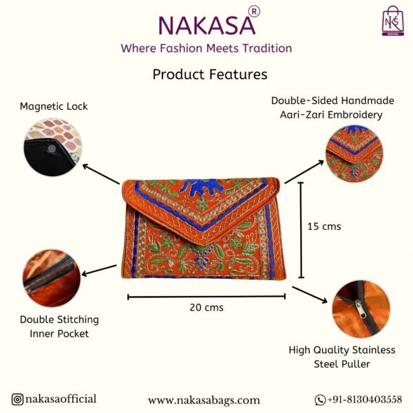 NAKASA Women's Gujarati Handmade Aari Zari Embroidery Small Orange Clutch Bag